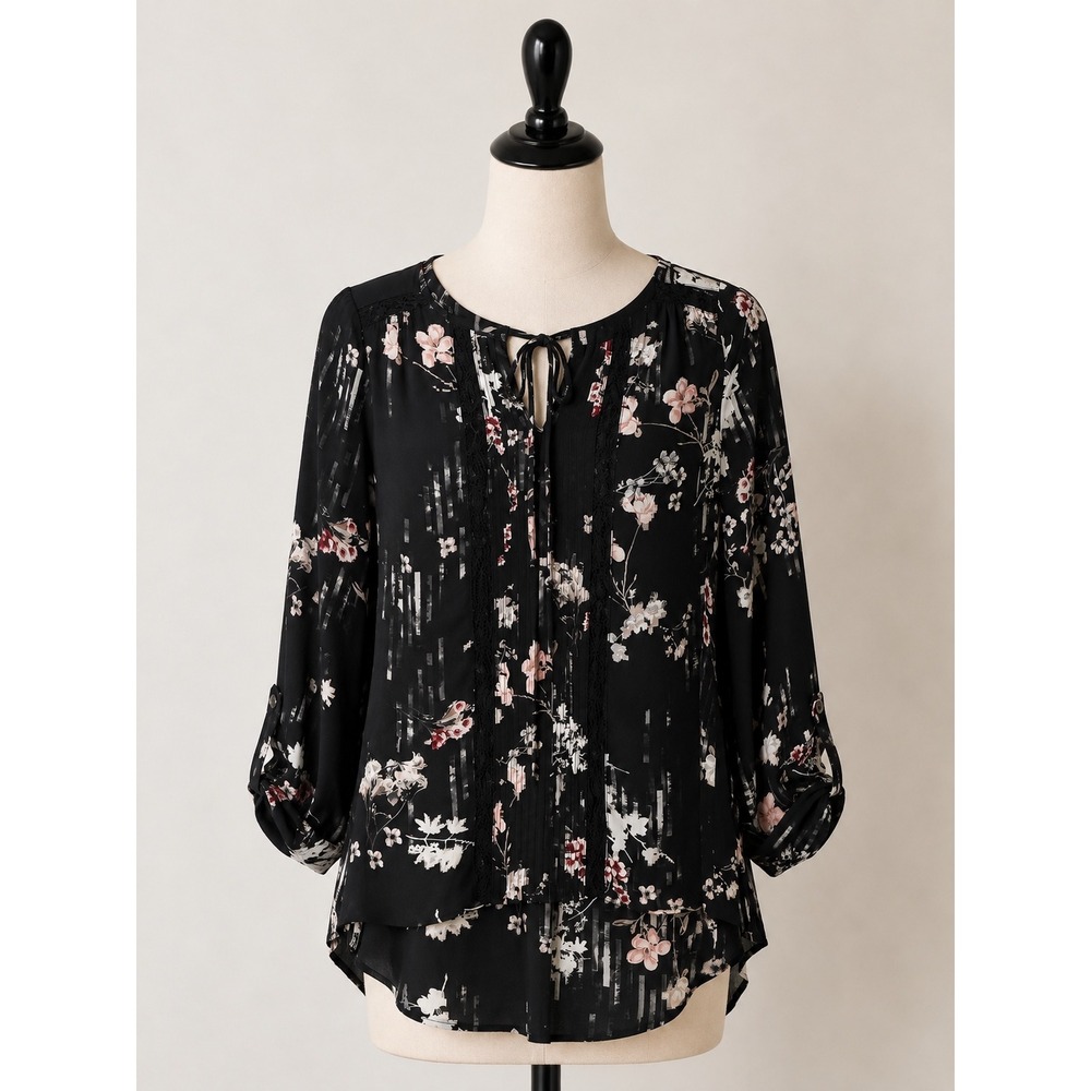 White House Black Market Floral Lace Pintuck Blouse Black Pink Size 8